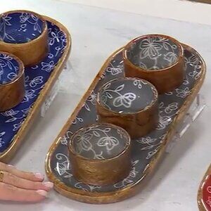 Temp-tations Floral Lace Set of (3) Wood Ramekins with Elongated Tray GRAY